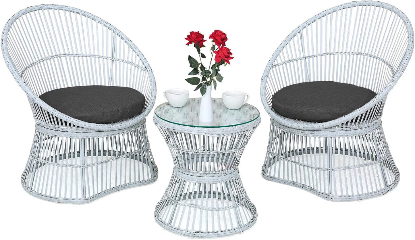 Outdoor Patio Furniture Set Wicker Bistro Set, 3 Piece Conversation Set All-Weather PE Rattan Chairs with Seat Cushions & Glass Table for Porch, Backyard, Black