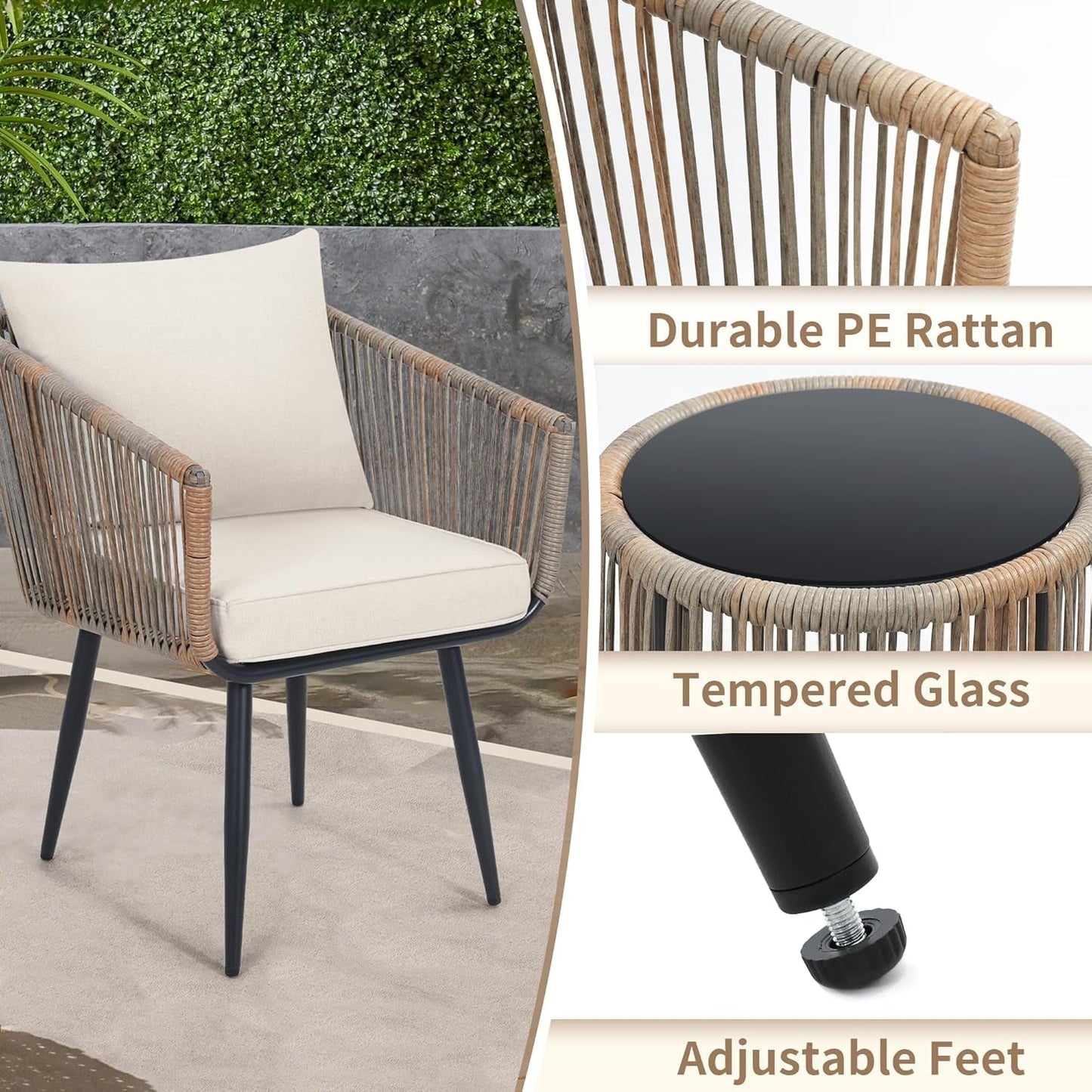 3 Piece Patio Rattan Bistro Conversation Set, Outdoor All Weather Wicker Furniture Chairs and Side Table Set, Ideal for Balcony, Porch and Backyard, Beige-2