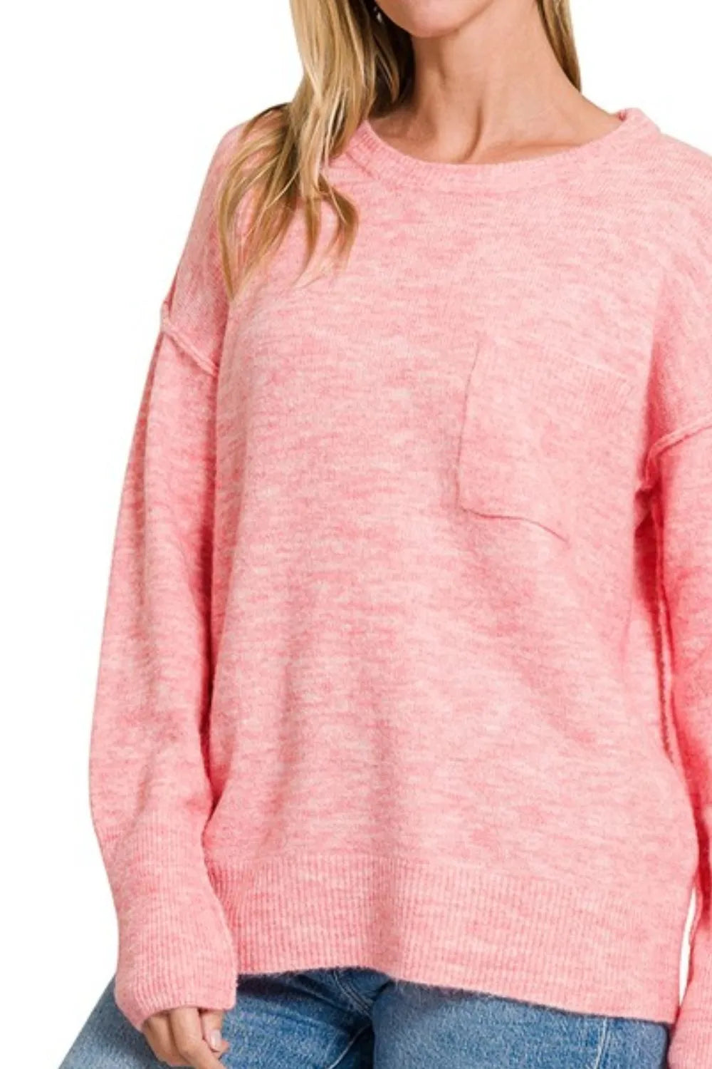 Zenana Melange Hi-low Hem Round Neck Sweater-1