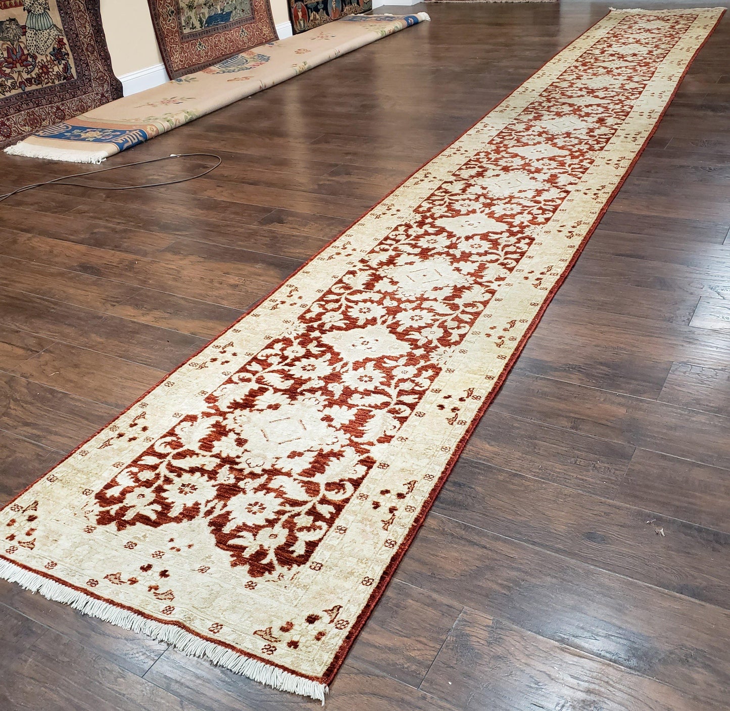 21 ft Runner Rug Long Hallway Runner, 3 x 21 Corridor Rug, Peshawar Pak Persian Chobi Agra Rug, Maroon and Beige Large Flowers Wool Handmade-2