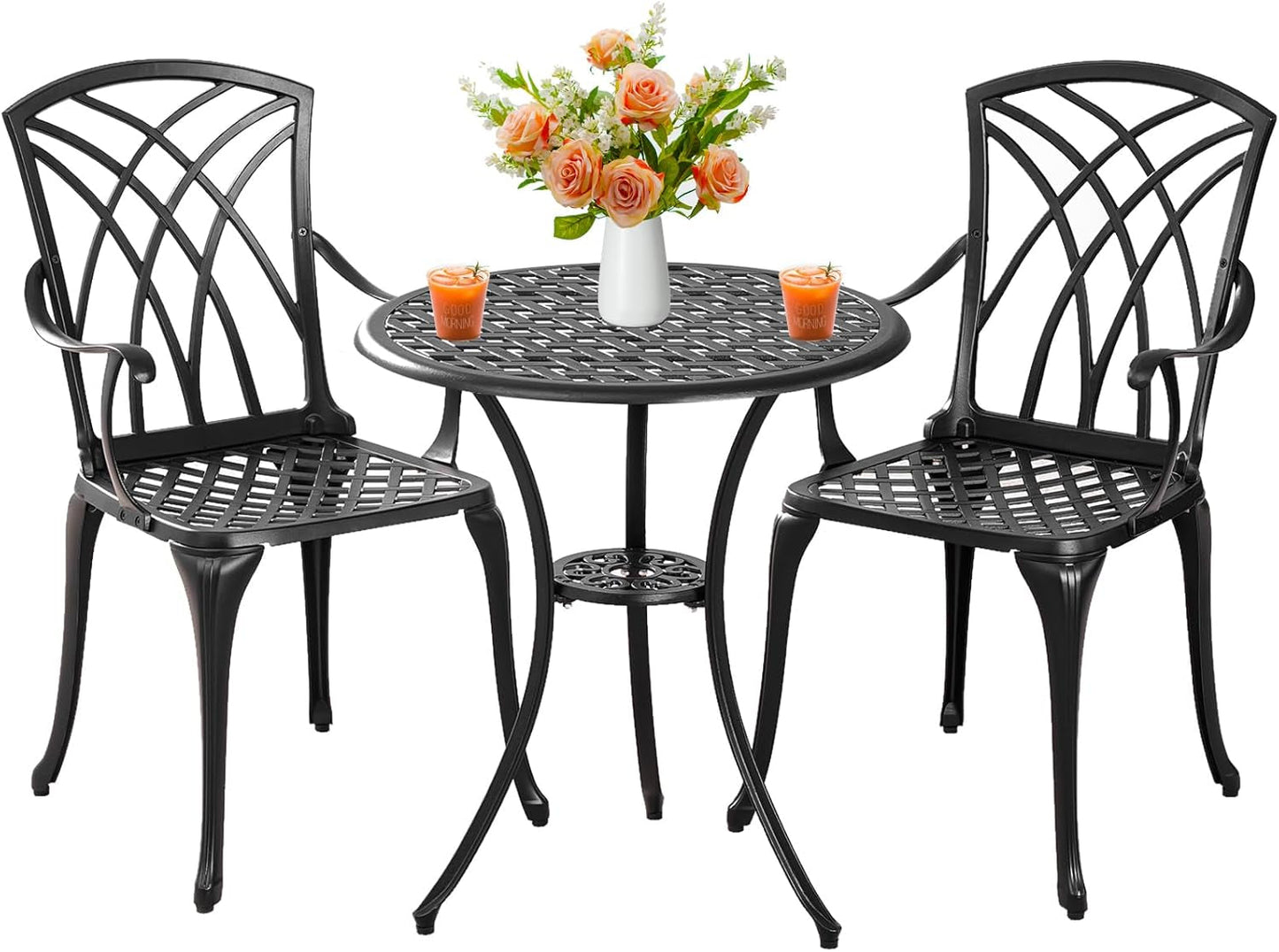 Outdoor 3 Piece Bistro Set Cast Aluminum Bistro Table and Chairs Set of 2, All Weather Bistro Patio Set, Patio Furniture for Garden Black-0