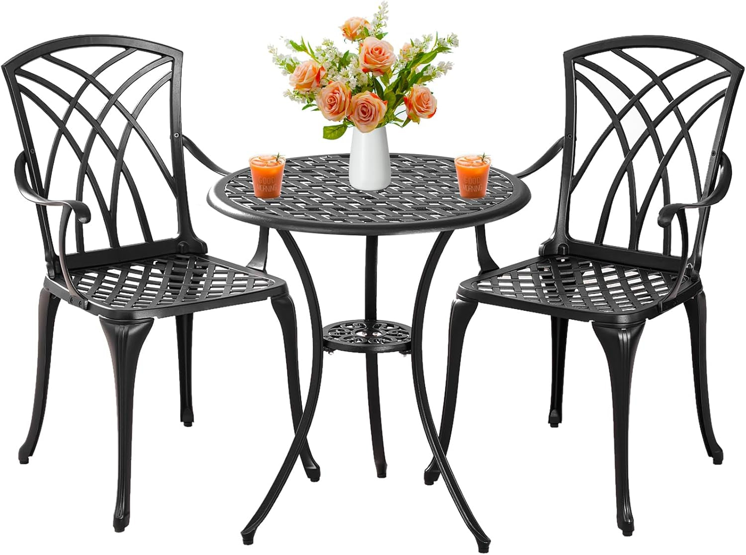 Outdoor 3 Piece Bistro Set Cast Aluminum Bistro Table and Chairs Set of 2, All Weather Bistro Patio Set, Patio Furniture for Garden Black-0