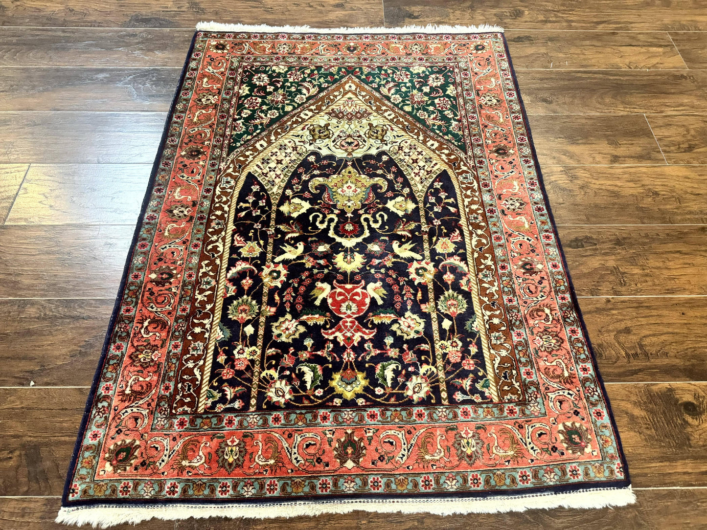 Persian Tabriz Rug 3x4, Navy Blue, Birds, Floral, Prayer Rug, Handmade Wool Rug, Finely Hand Knotted 325 KPSI-0