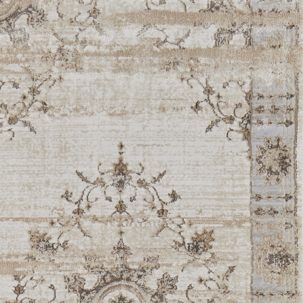 8' Tan Brown And Gray Oriental Distressed Runner Rug