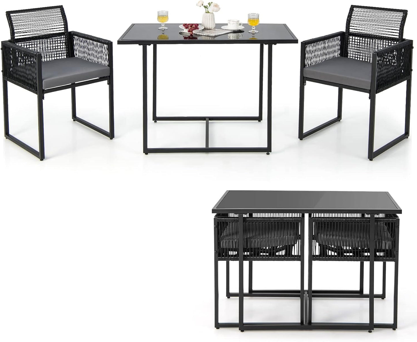 3 Pieces Outdoor Dining Set, Patio PE Rattan Furniture Set with Folding Backrest, Cozy Seat Cushions, Tempered Glass Tabletop, Space-Saving Rattan Chair Table Set for Backyard, Poolside-0
