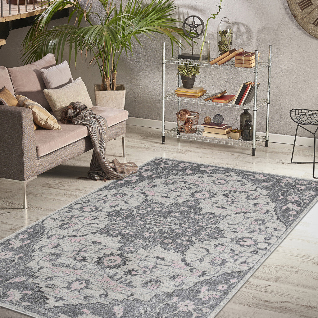 3' X 4' Gray And Dark Gray Medallion Distressed Area Rug