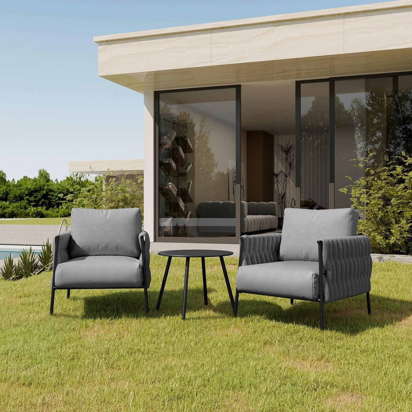 3 Pieces Patio Furniture Set, Armchairs with Coffee Table, Outdoor Furniture Set with Cushion, Modern Outdoor Furniture Deep Seating for Outdoor Garden Porch, Earth Black & Misty Grey