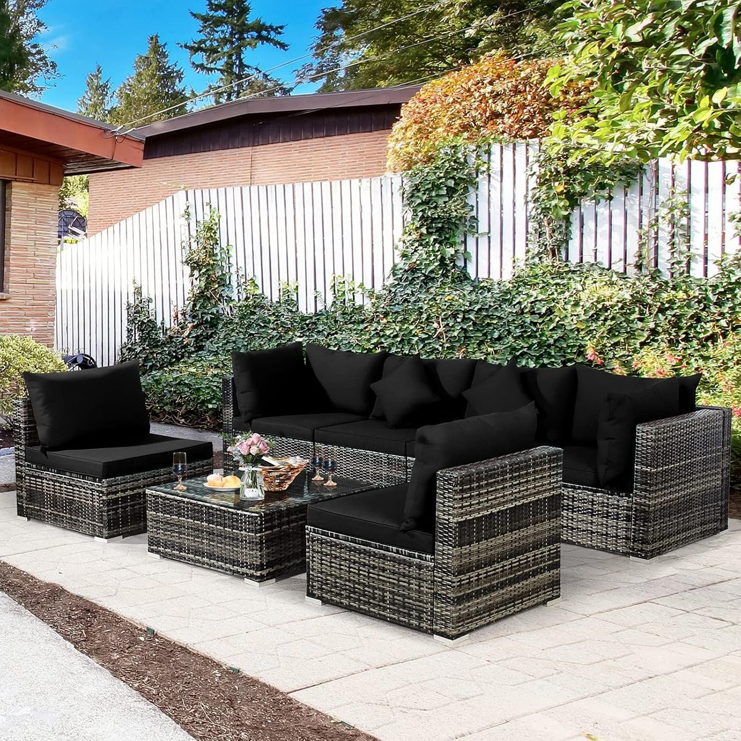 Seven Piece Outdoor Rattan Furniture Set with Cushions