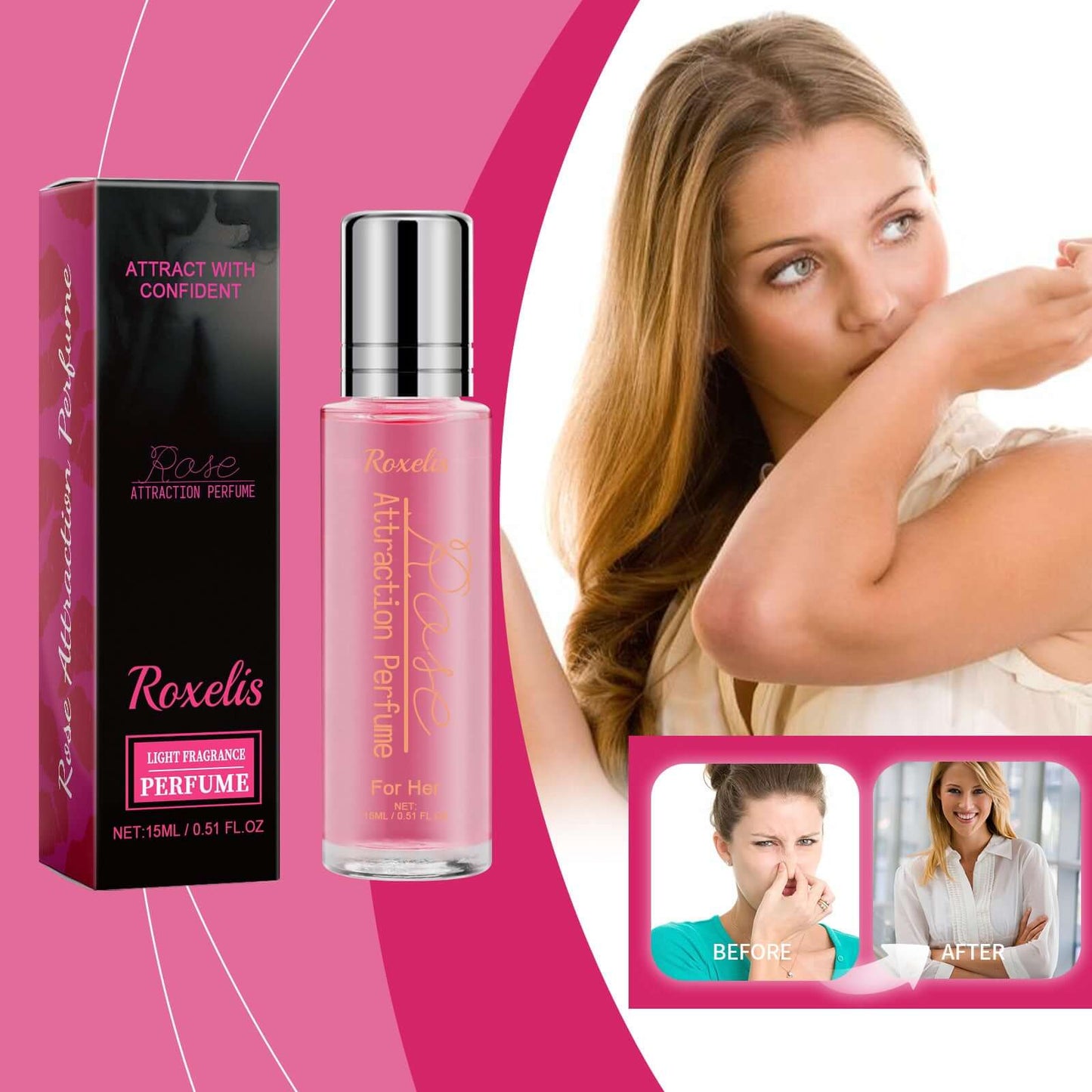 Rose Light Perfume 15ml by Roxelis, designed for confident attraction and moisturizing body care.