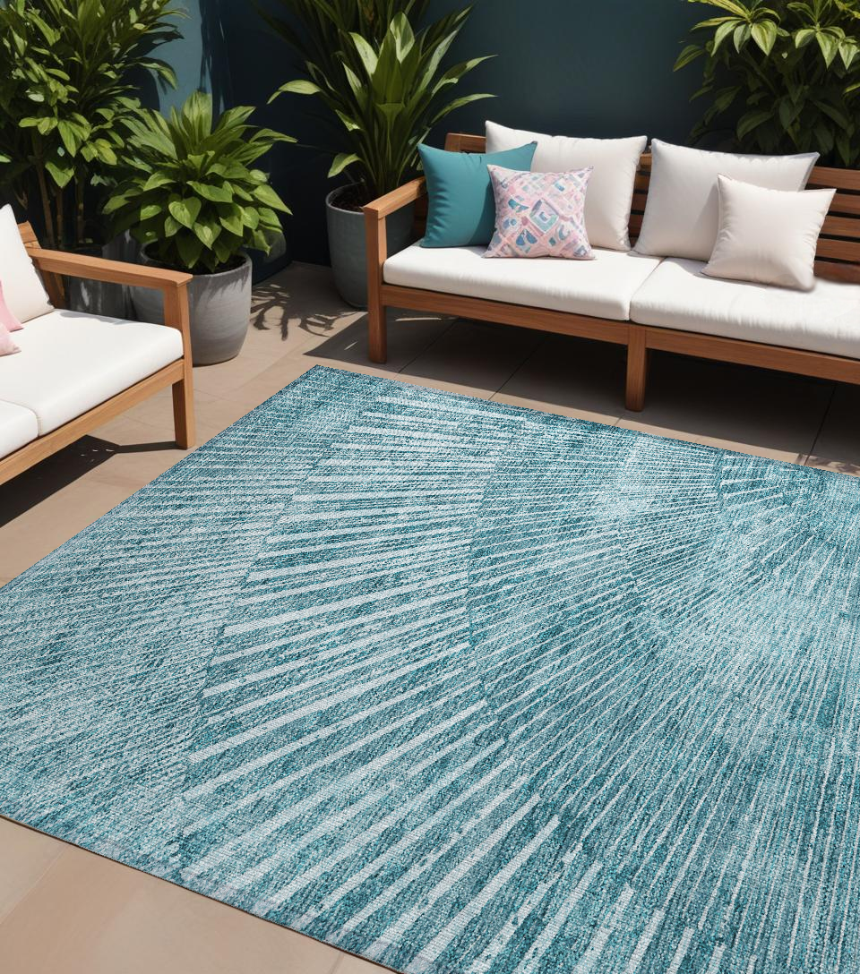8' X 10' Teal Abstract Washable Non Skid Indoor Outdoor Area Rug
