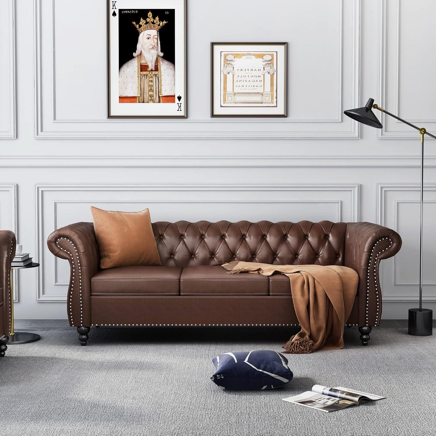 3 Piece Living Room Set, Chesterfield Leather Sofa Loveseat Couch Chair with Scroll Arms and Nailhead for Living Room, Office (Dark Brown)