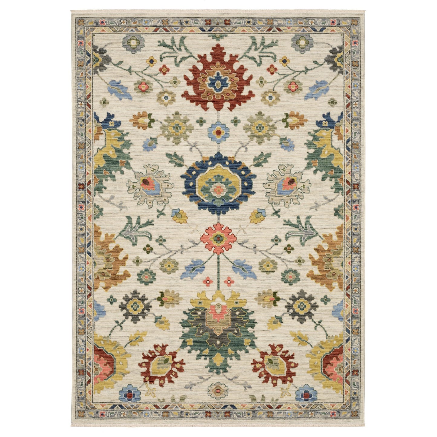 2' X 3' Ivory Red And Blue Oriental Area Rug With Fringe