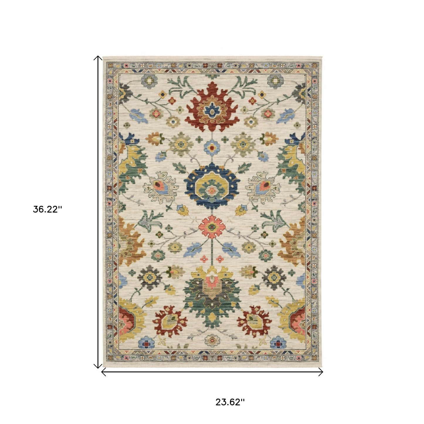 2' X 3' Ivory Red And Blue Oriental Area Rug With Fringe