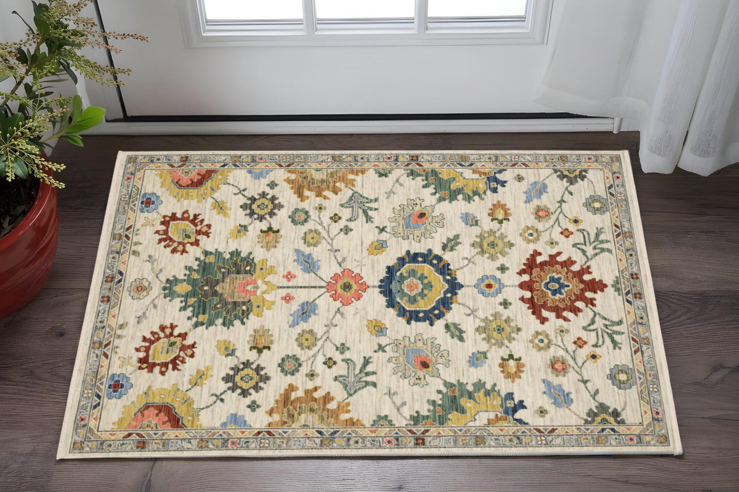 2' X 3' Ivory Red And Blue Oriental Area Rug With Fringe