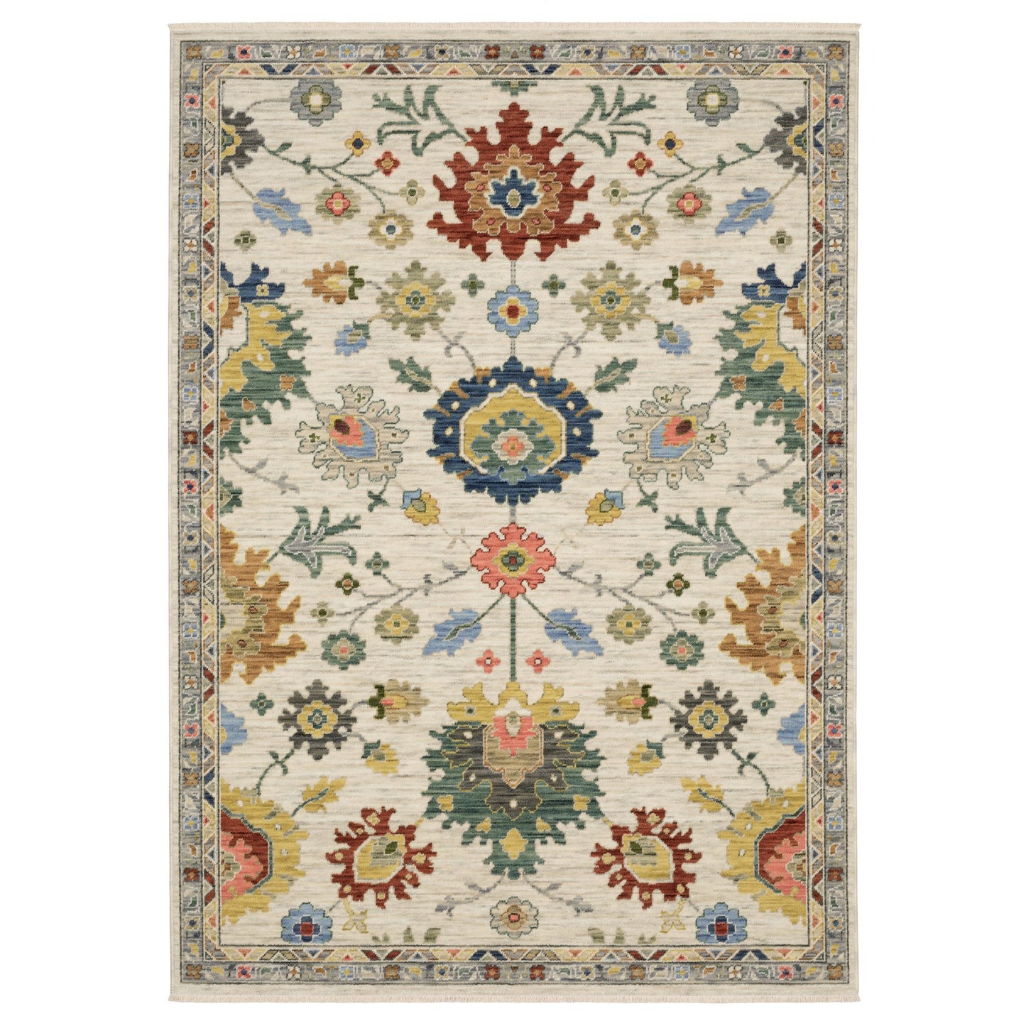2' X 3' Ivory Red And Blue Oriental Area Rug With Fringe