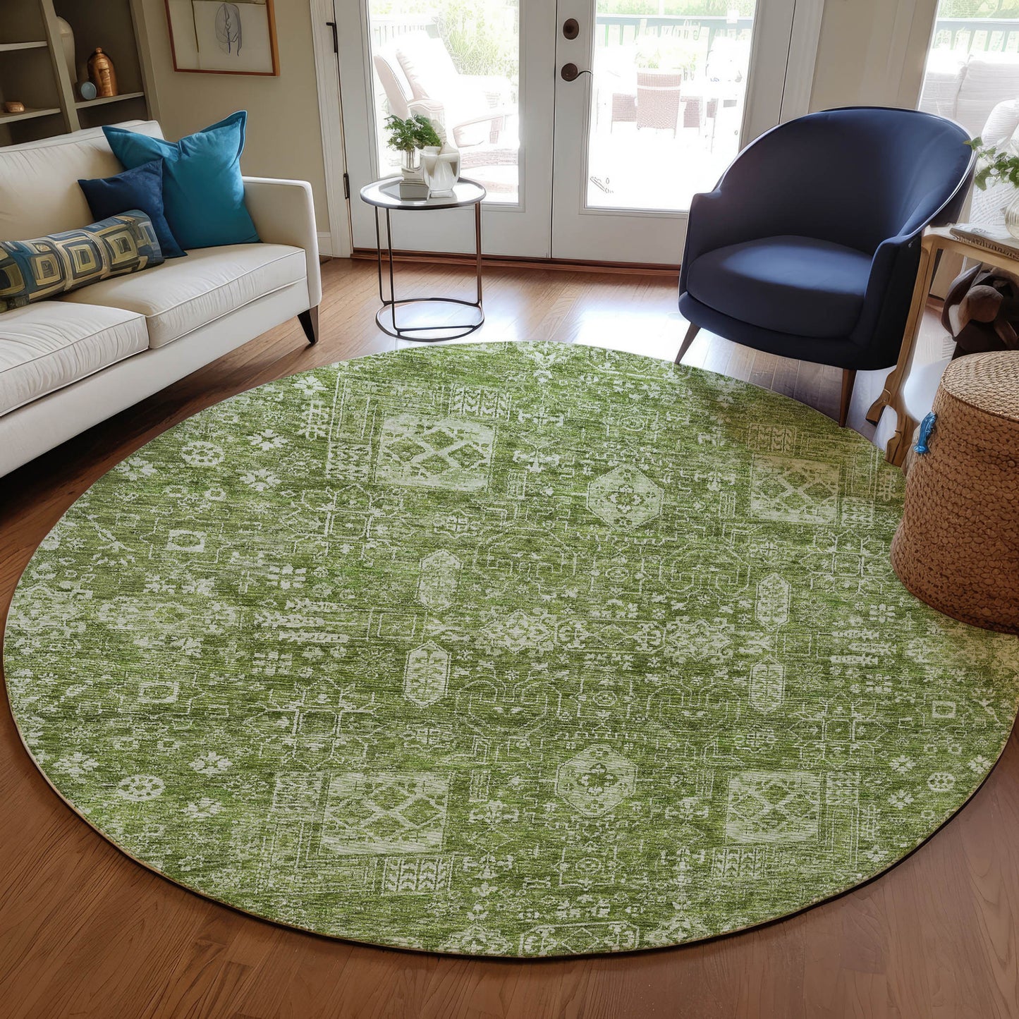 8' Artichoke Green And Ivory Round Oriental Washable Indoor Outdoor Area Rug