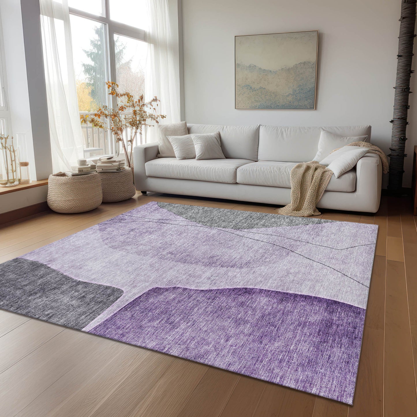 8' X 10' Purple Eggplant And Gray Abstract Washable Indoor Outdoor Area Rug