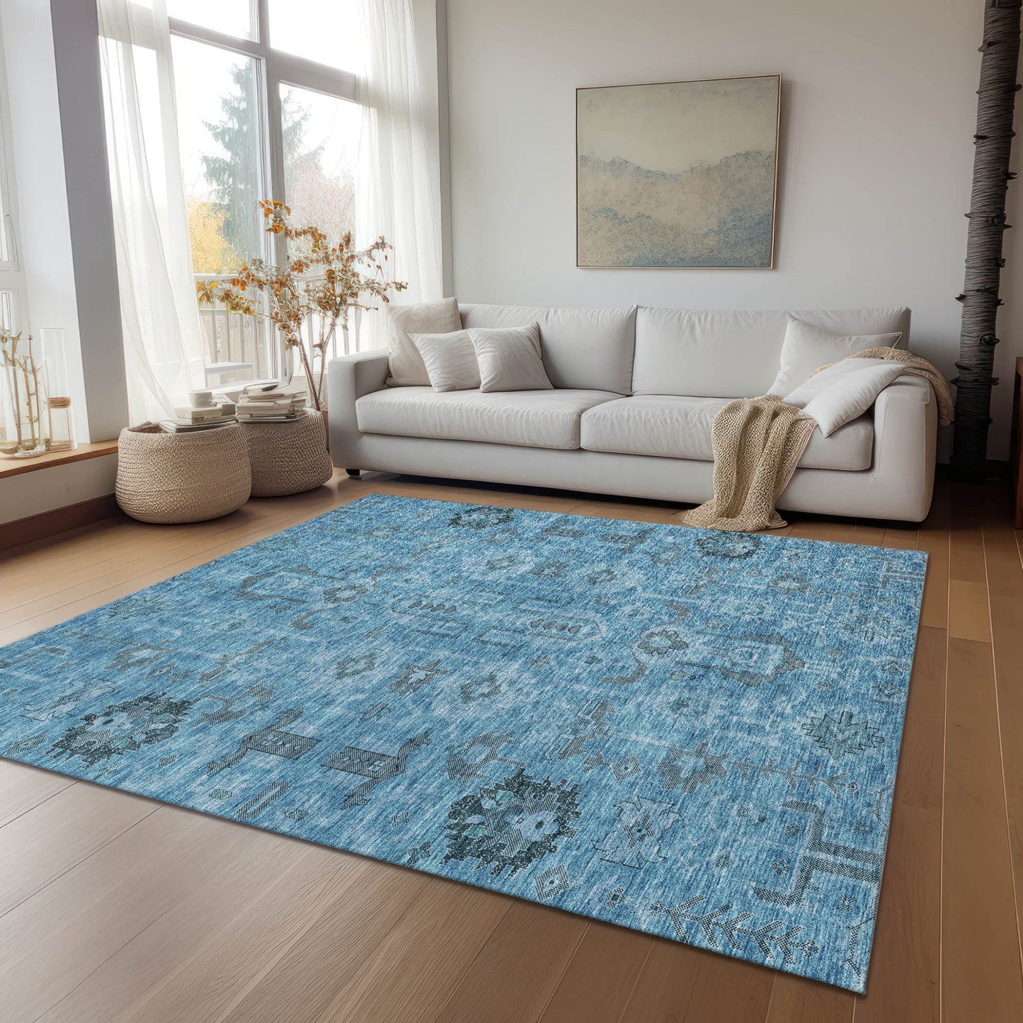 3' X 5' Sky Blue And Gray Oriental Washable Indoor Outdoor Area Rug