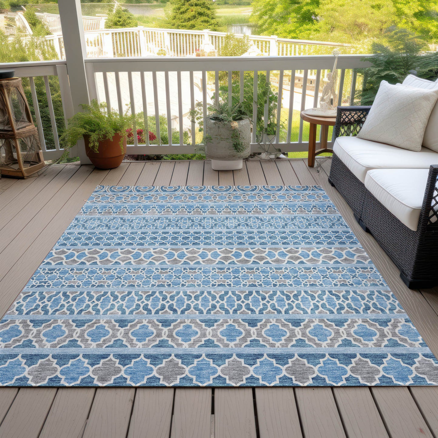 10' X 14' Sky Blue And Denim Blue Quatrefoil Washable Indoor Outdoor Area Rug