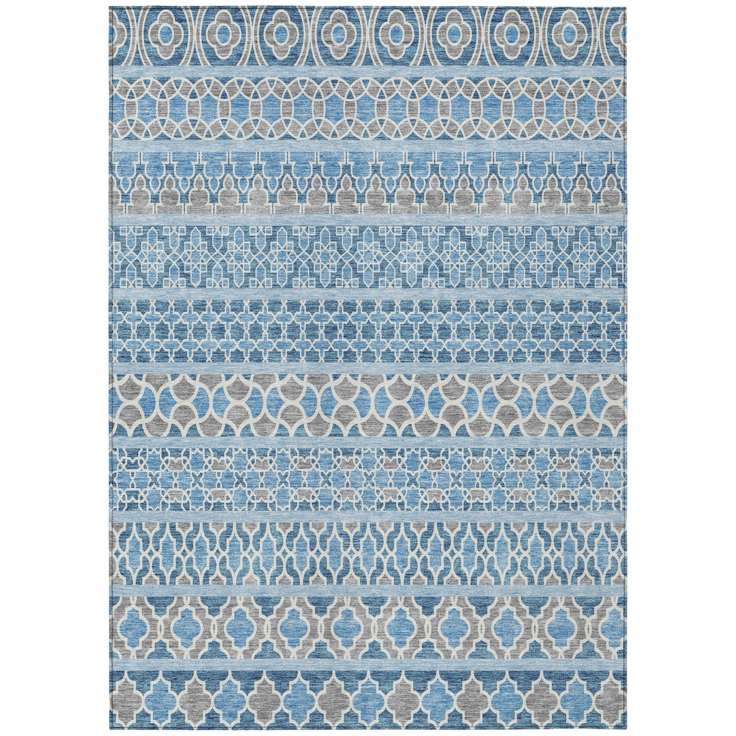 10' X 14' Sky Blue And Denim Blue Quatrefoil Washable Indoor Outdoor Area Rug