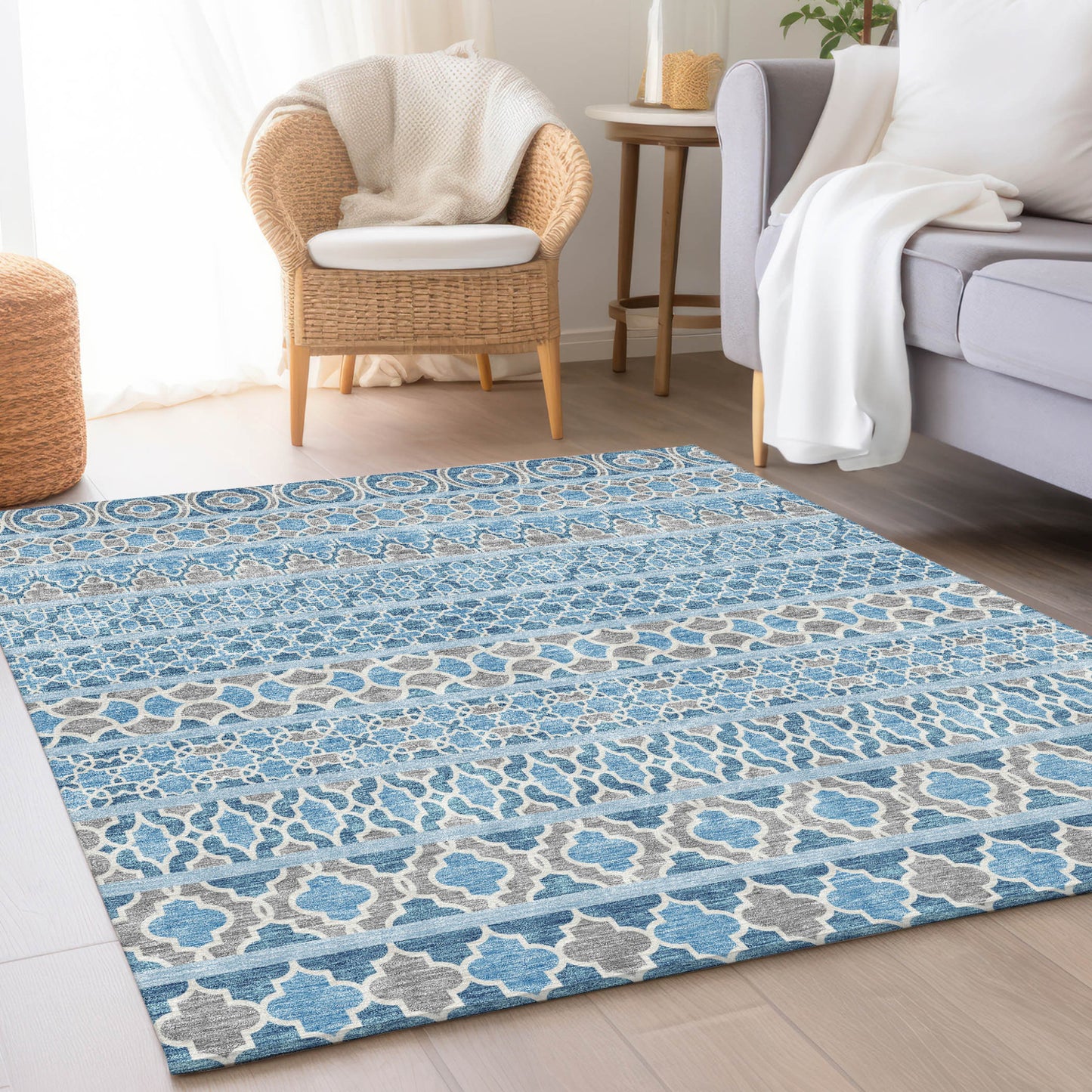 10' X 14' Sky Blue And Denim Blue Quatrefoil Washable Indoor Outdoor Area Rug