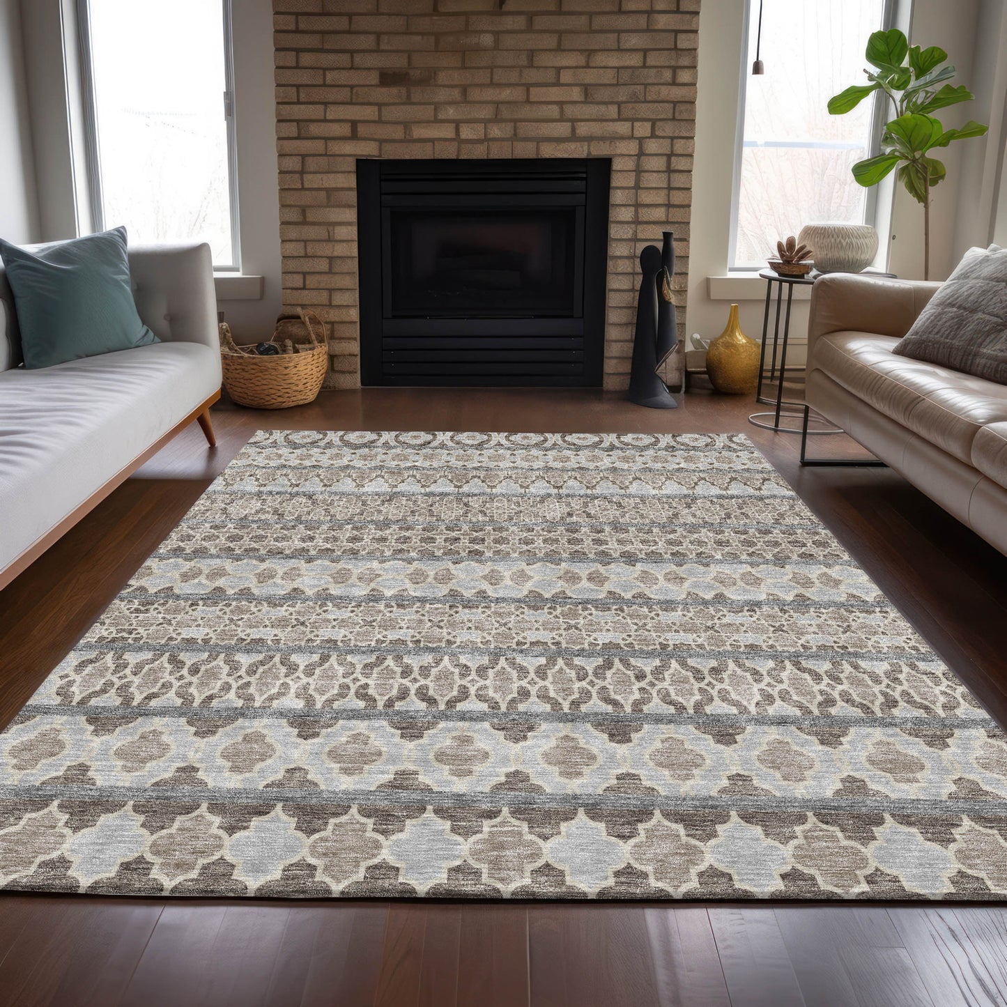 10' X 14' Taupe Beige And Gray Quatrefoil Washable Indoor Outdoor Area Rug
