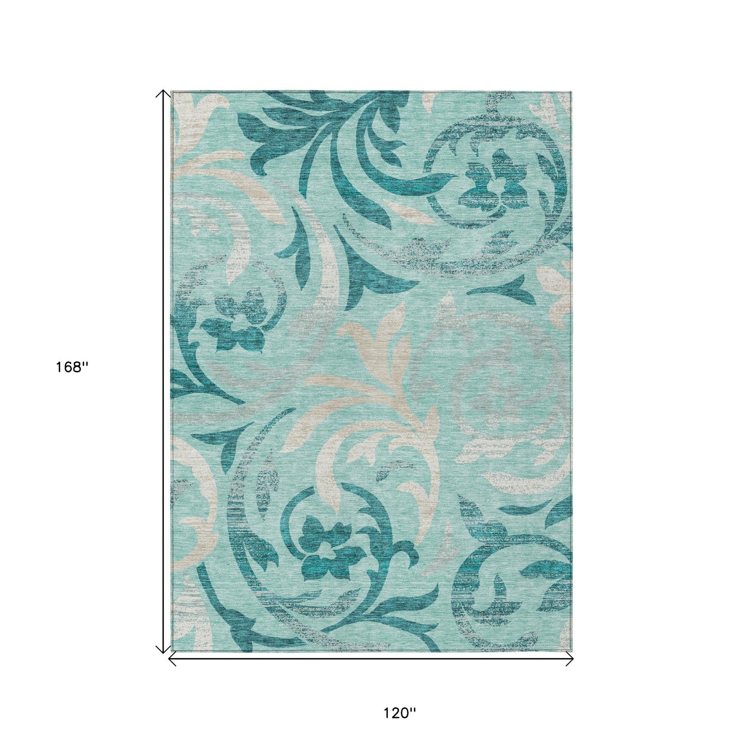 10' X 14' Teal Blue Aqua And Beige Floral Washable Indoor Outdoor Area Rug