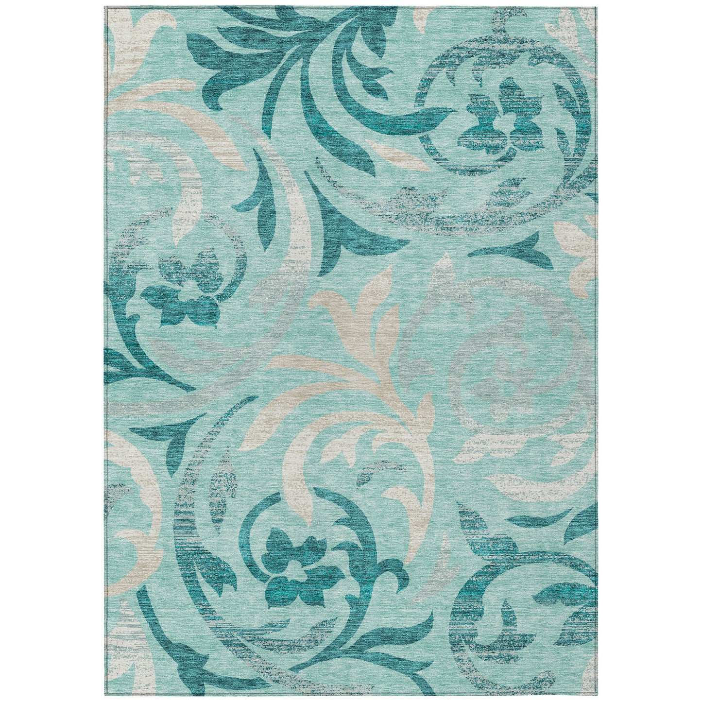 10' X 14' Teal Blue Aqua And Beige Floral Washable Indoor Outdoor Area Rug