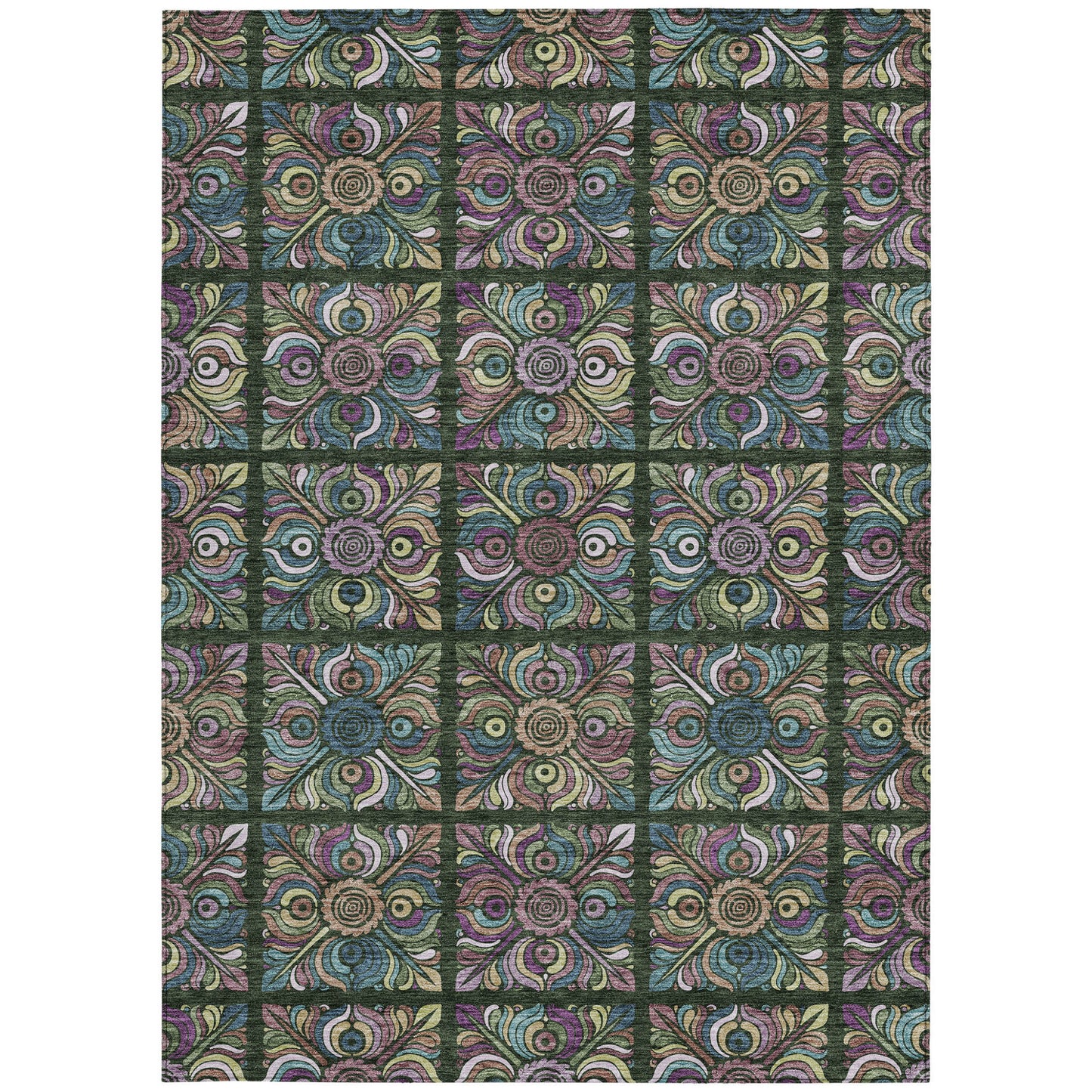 3' X 5' Fern Green Purple And Teal Blue Medallion Washable Indoor Outdoor Area Rug
