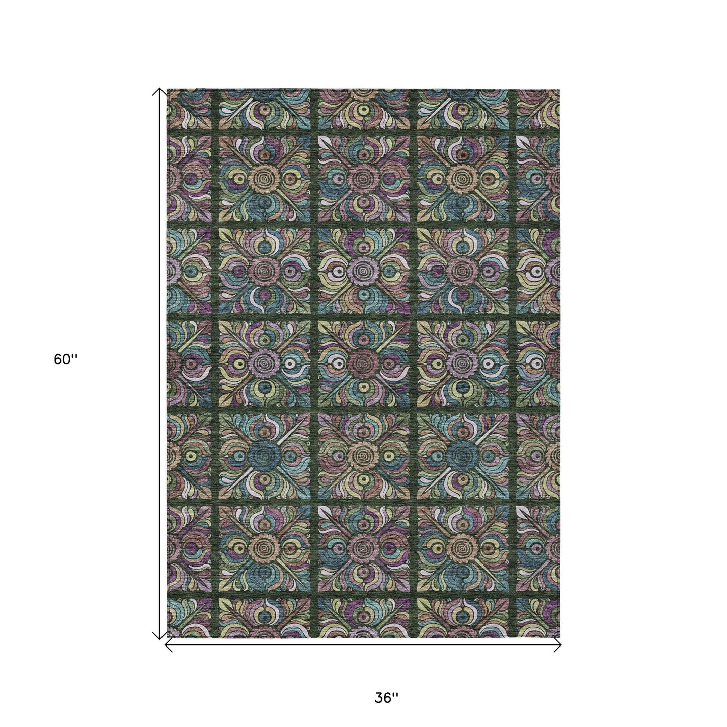3' X 5' Fern Green Purple And Teal Blue Medallion Washable Indoor Outdoor Area Rug