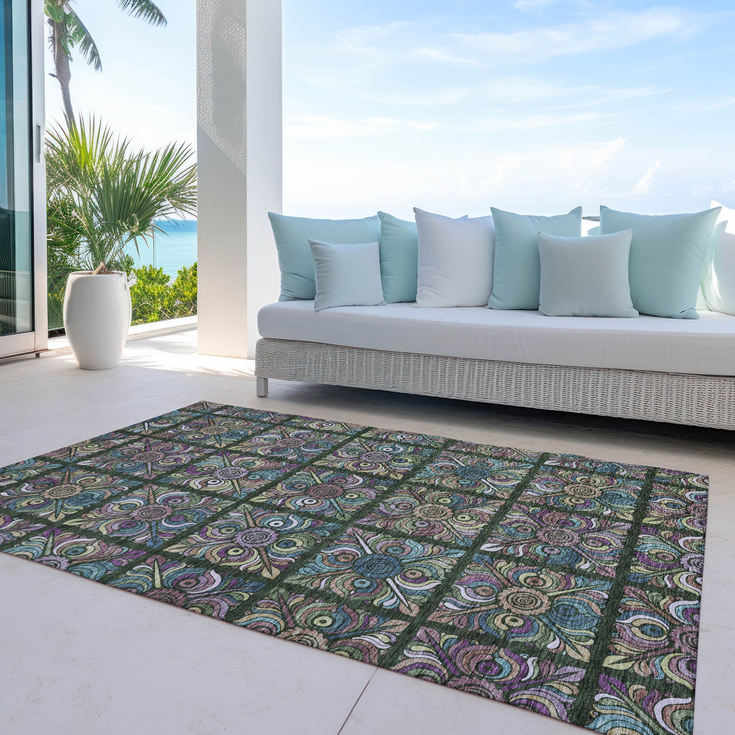 3' X 5' Fern Green Purple And Teal Blue Medallion Washable Indoor Outdoor Area Rug
