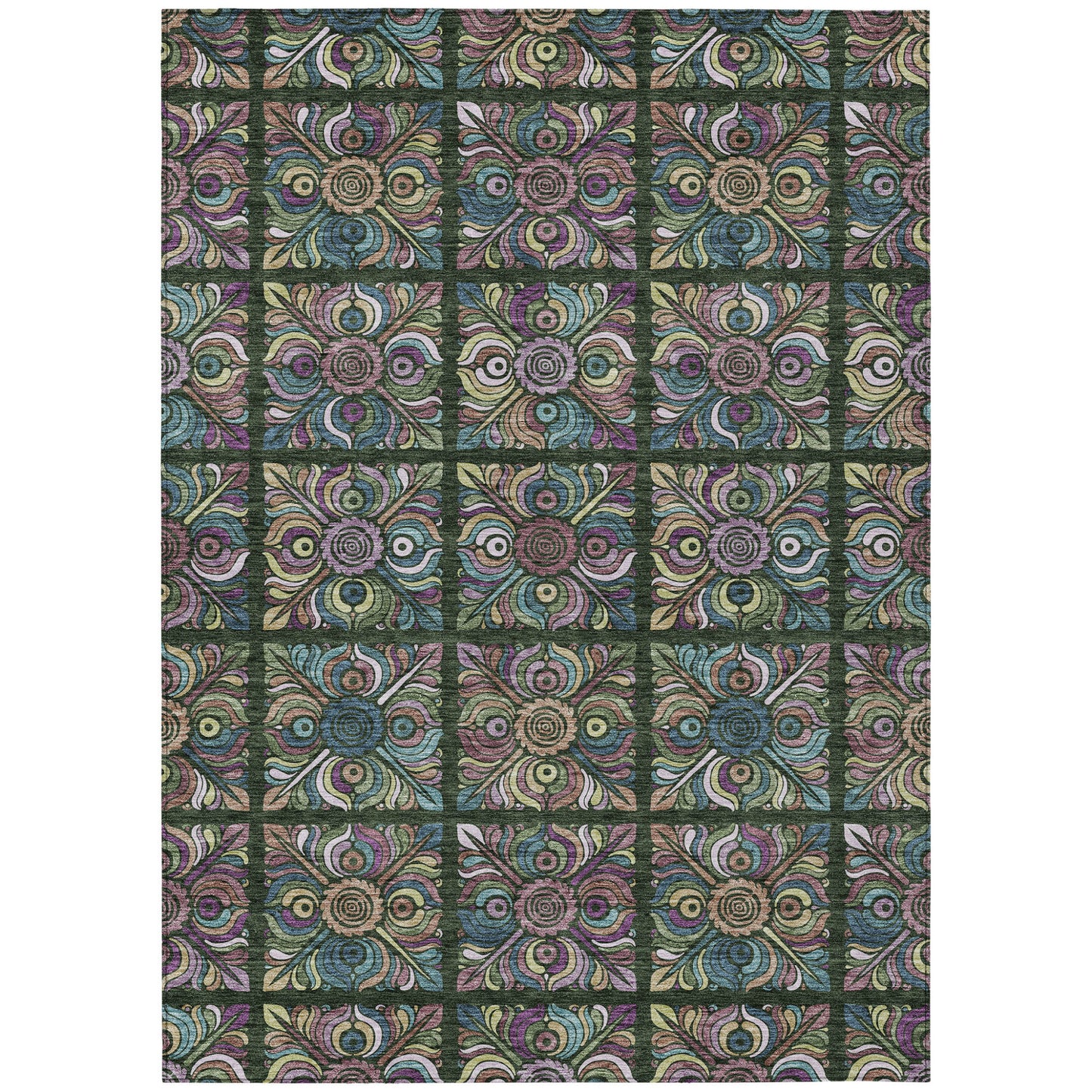3' X 5' Fern Green Purple And Teal Blue Medallion Washable Indoor Outdoor Area Rug