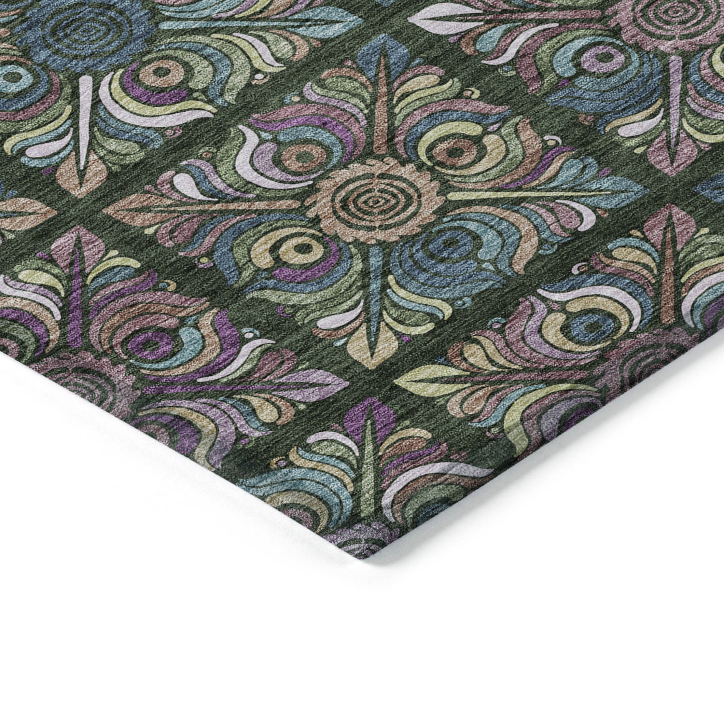 3' X 5' Fern Green Purple And Teal Blue Medallion Washable Indoor Outdoor Area Rug