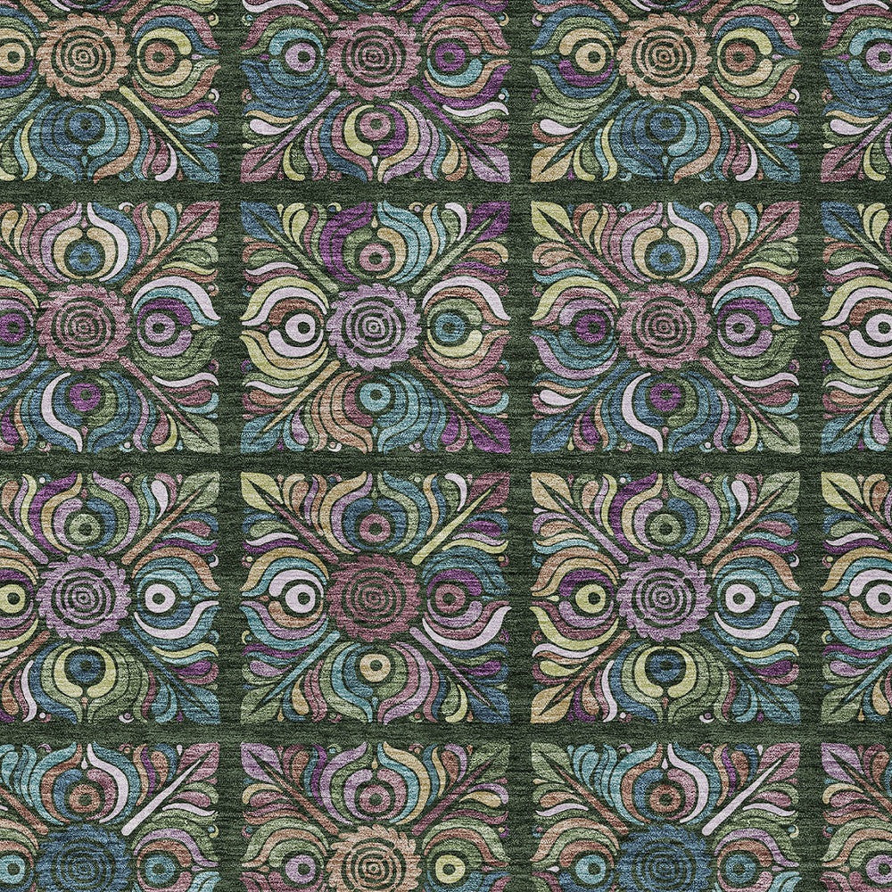 3' X 5' Fern Green Purple And Teal Blue Medallion Washable Indoor Outdoor Area Rug