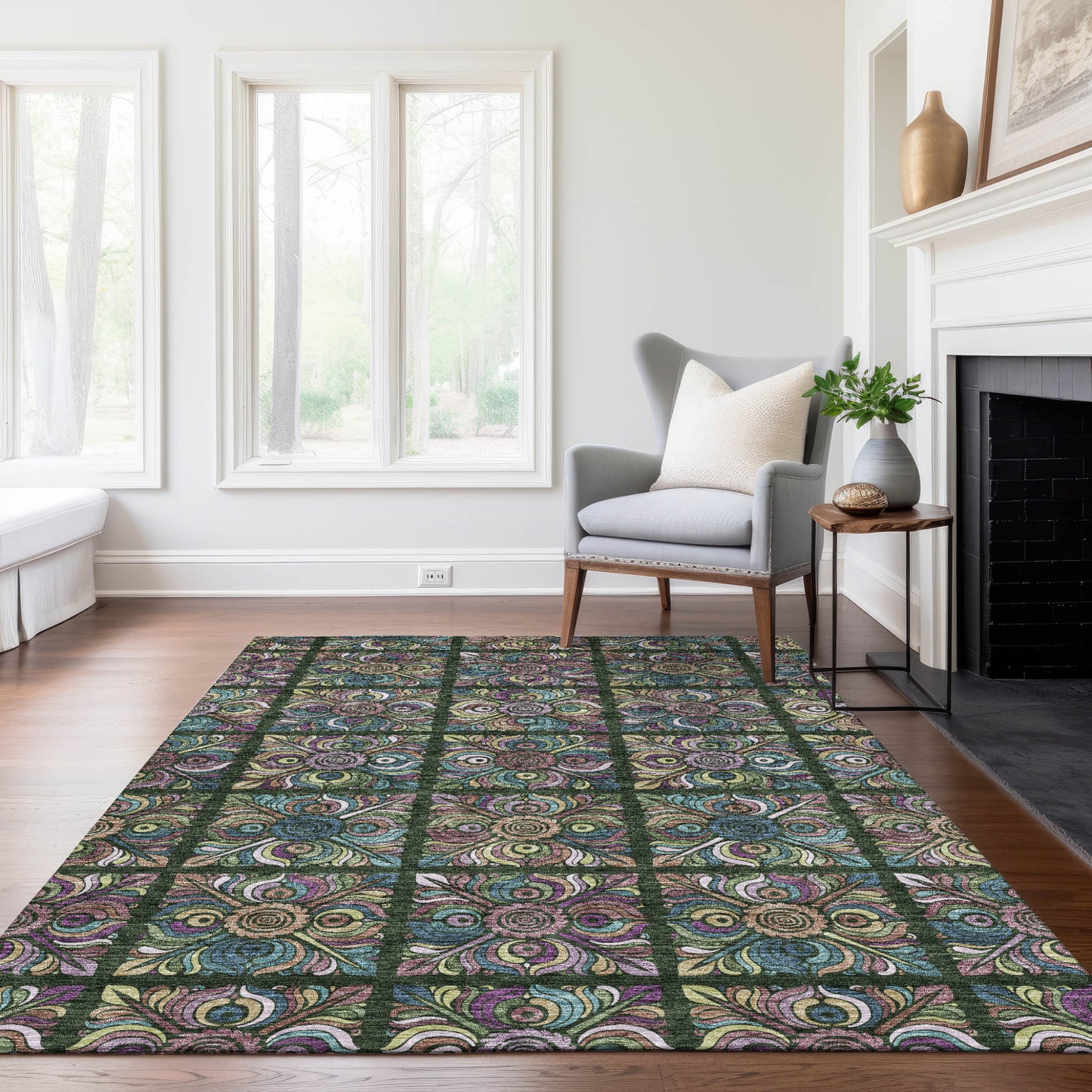 3' X 5' Fern Green Purple And Teal Blue Medallion Washable Indoor Outdoor Area Rug