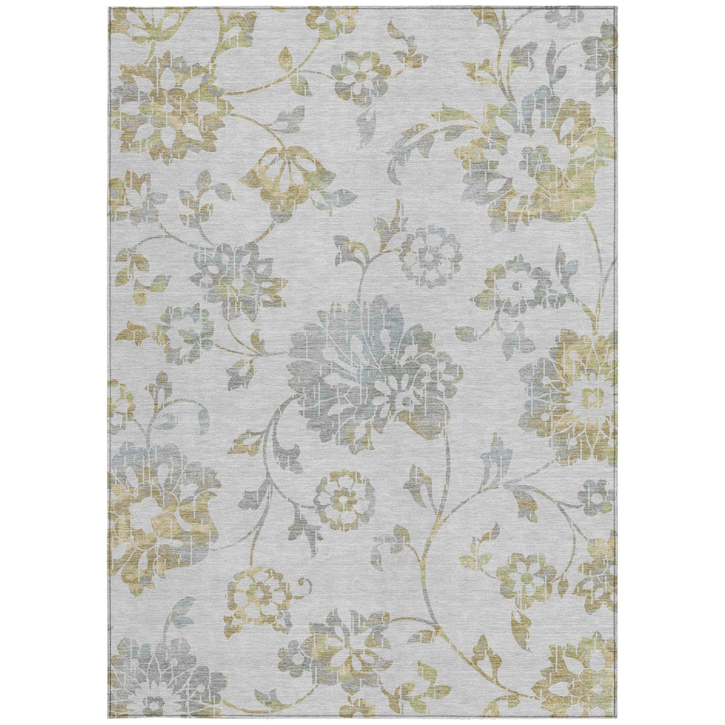 10' X 14' Silver Gray And Gold Floral Washable Indoor Outdoor Area Rug