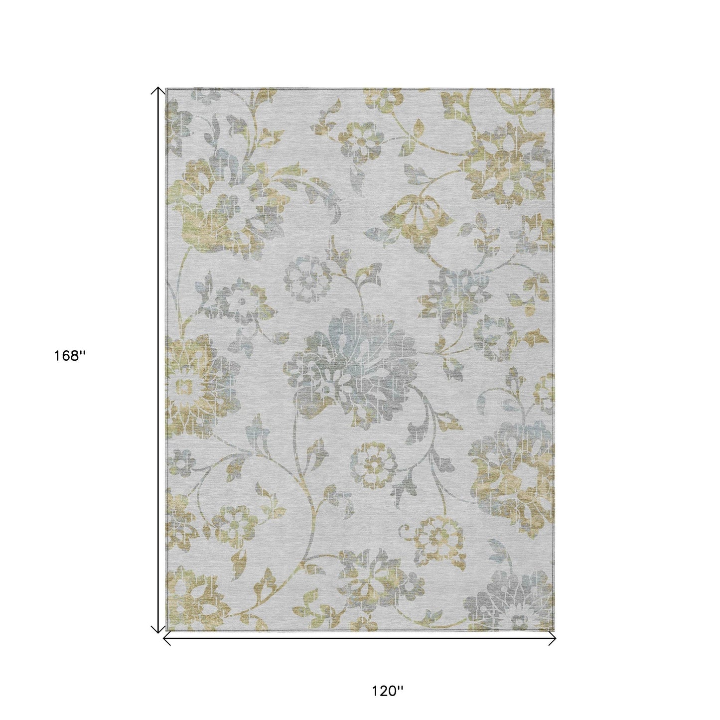10' X 14' Silver Gray And Gold Floral Washable Indoor Outdoor Area Rug
