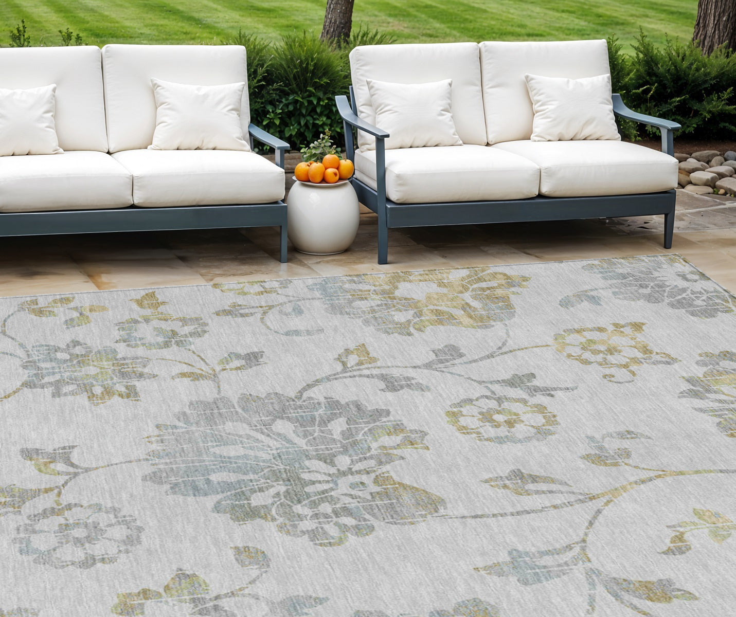 10' X 14' Silver Gray And Gold Floral Washable Indoor Outdoor Area Rug