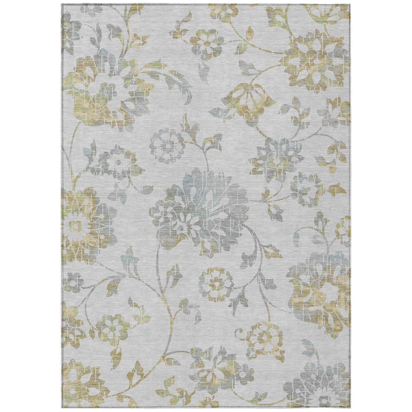 10' X 14' Silver Gray And Gold Floral Washable Indoor Outdoor Area Rug