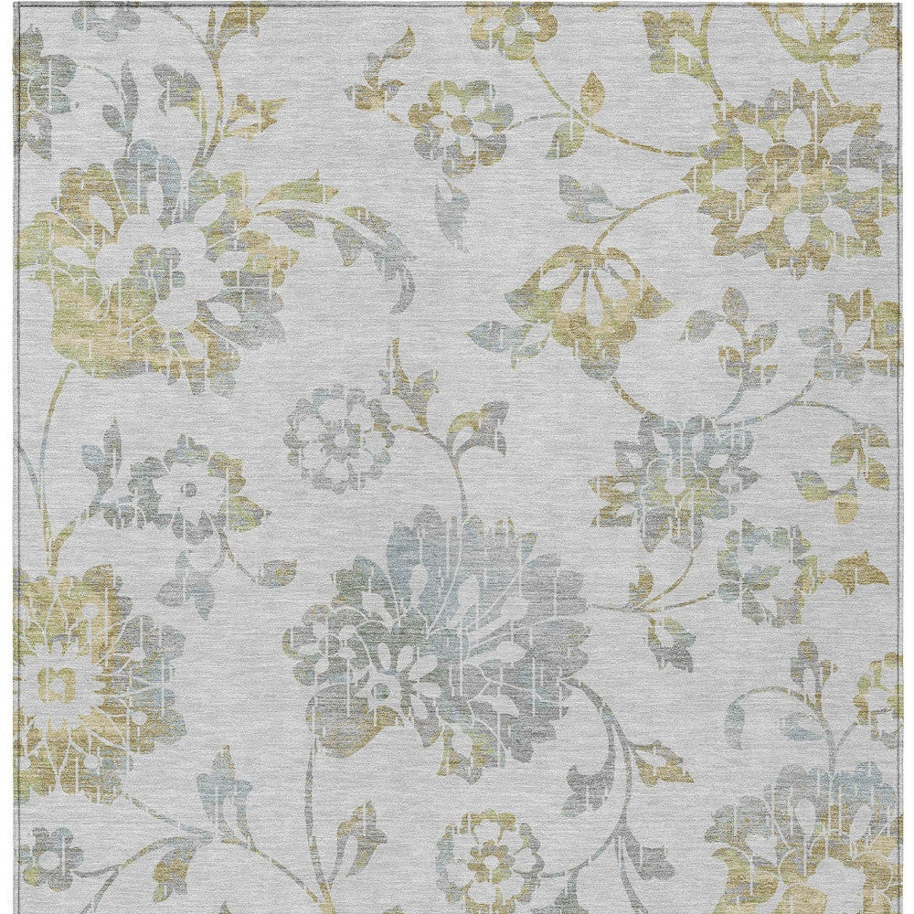 10' X 14' Silver Gray And Gold Floral Washable Indoor Outdoor Area Rug