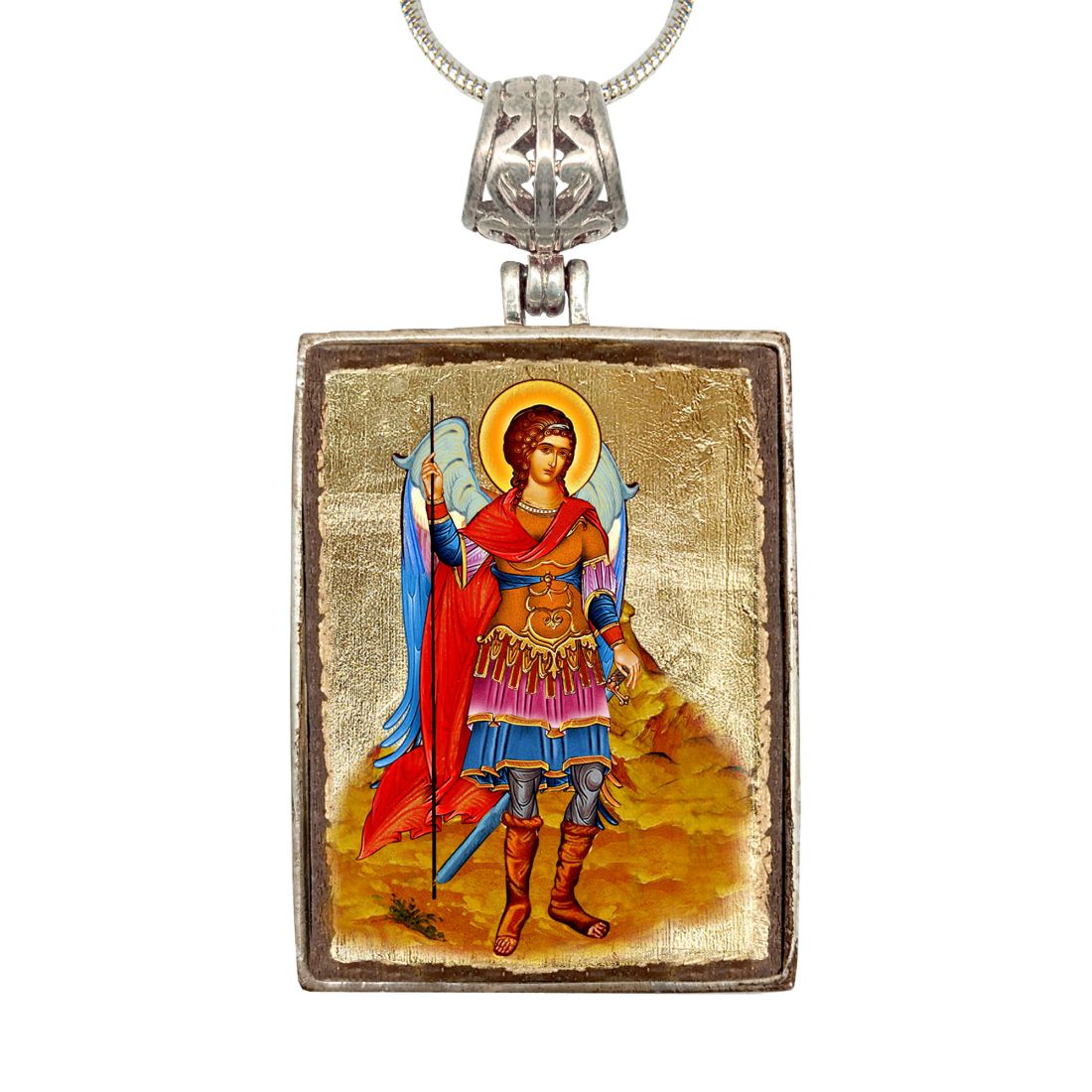 Saint Michael Religious Jewelry Silver Plated Necklace, Gold-Plated Wooden Cabochon - Orthodox Sacred Icon - Inspirational Icon Decor - 43022R