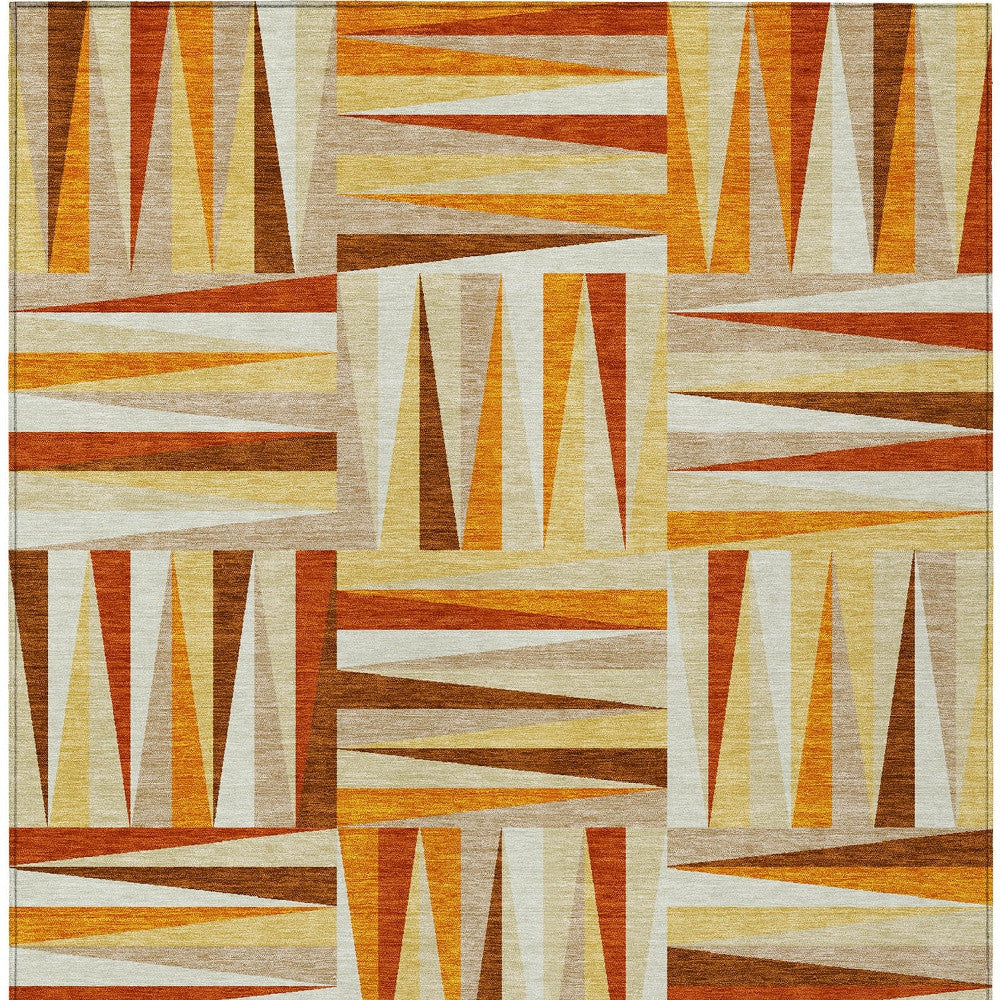3' X 5' Orange Ivory And Copper Geometric Washable Indoor Outdoor Area Rug