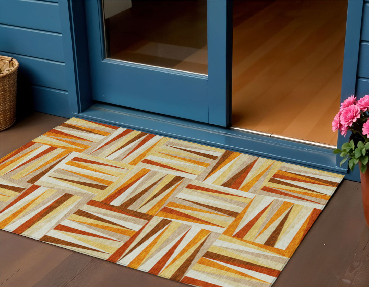 3' X 5' Orange Ivory And Copper Geometric Washable Indoor Outdoor Area Rug
