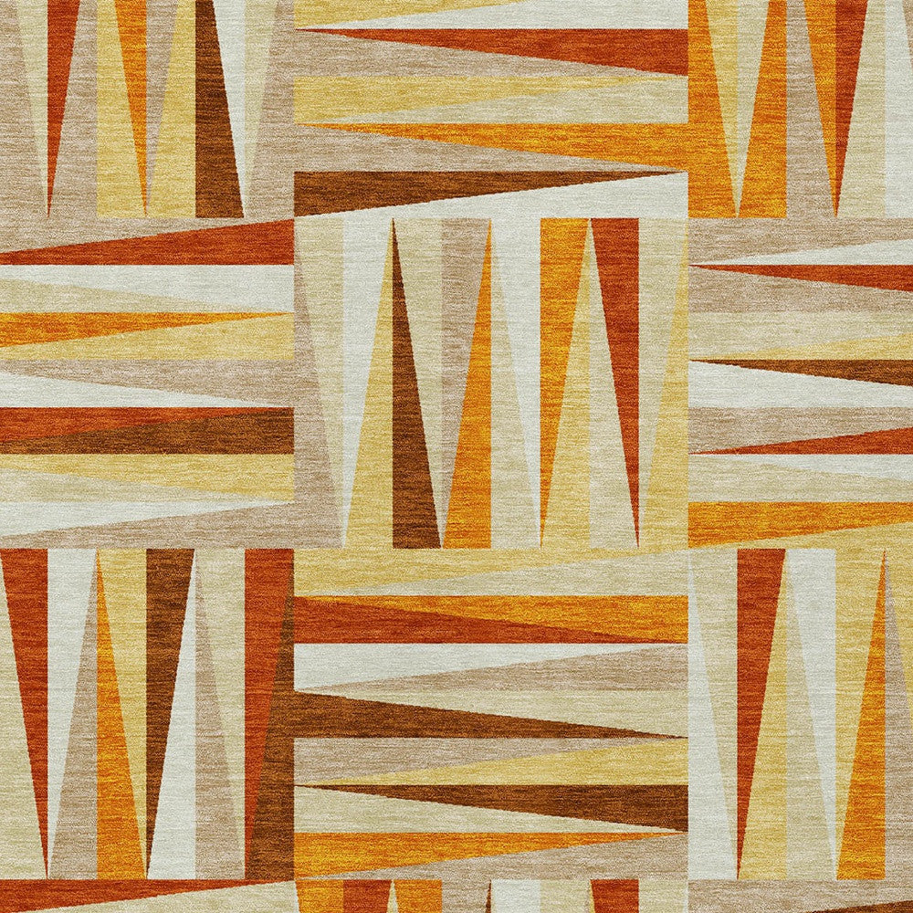 3' X 5' Orange Ivory And Copper Geometric Washable Indoor Outdoor Area Rug