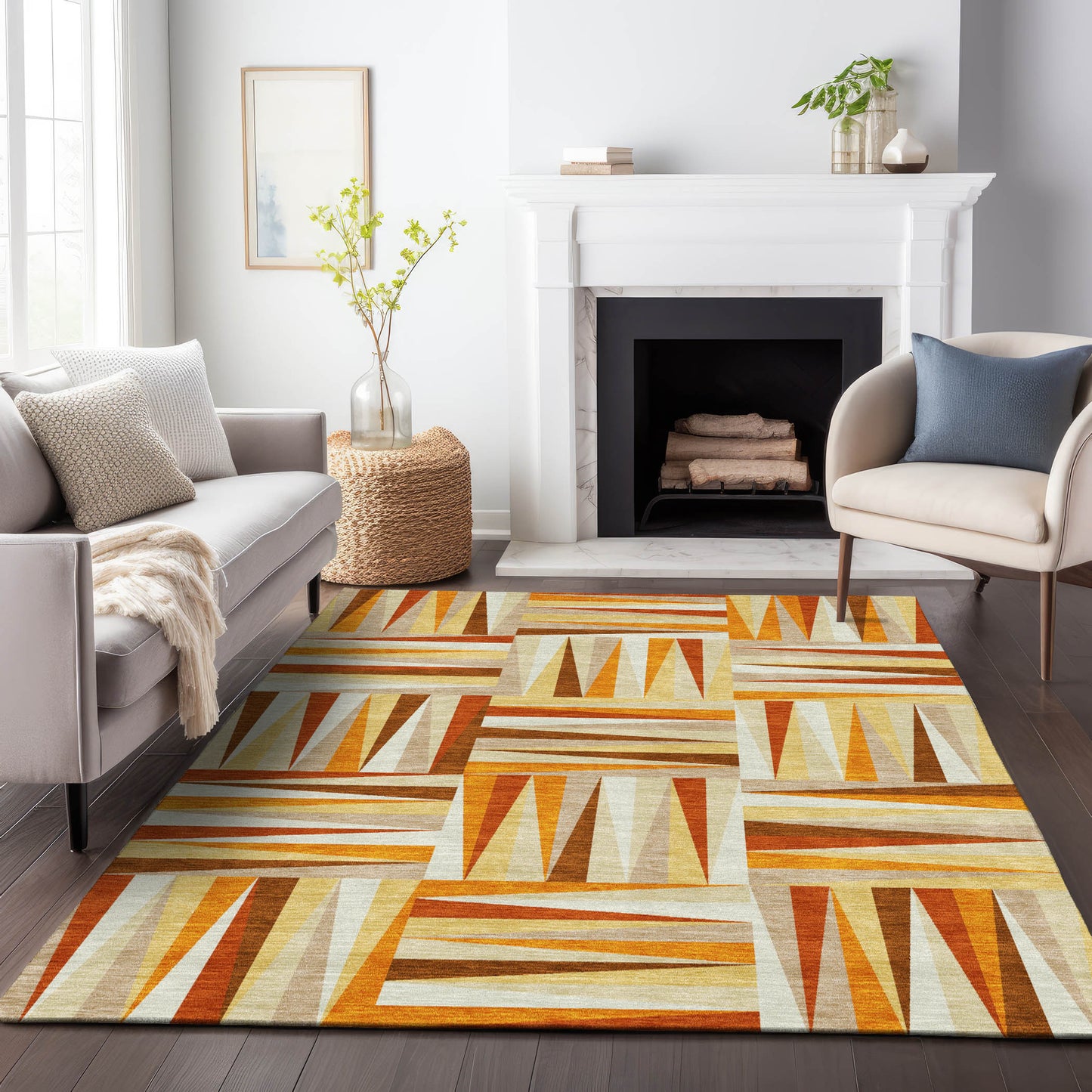 3' X 5' Orange Ivory And Copper Geometric Washable Indoor Outdoor Area Rug