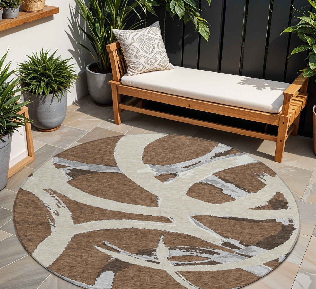 8' Brown Beige And Gray Round Abstract Washable Indoor Outdoor Area Rug