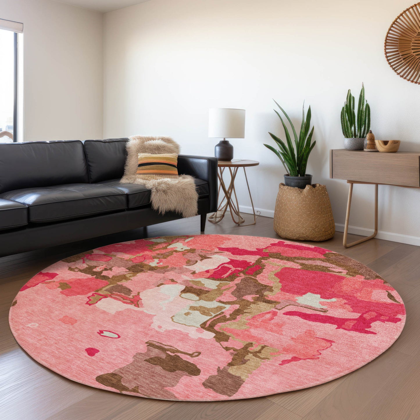 8' Coral Pink And Brown Round Abstract Washable Indoor Outdoor Area Rug