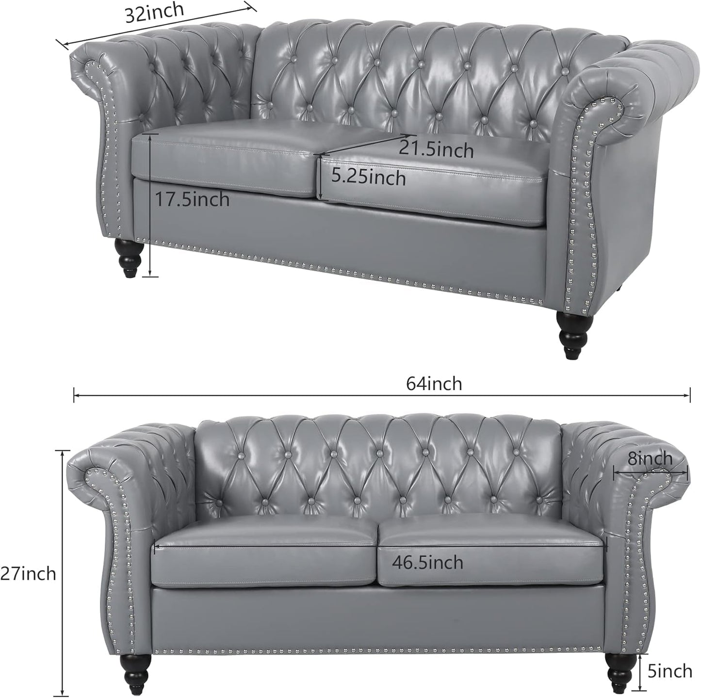 2 Piece Living Room Set, Chesterfield PU Leather Sofa Loveseat Couch Chair with Scroll Arms and Nailhead for Living Room, Office (PU Grey, 1-2)