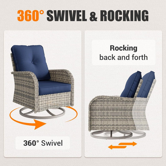 Patio Rocking Swivel Chair Outdoor Wicker Rattan Bistro Set with Tempered Glass Side Table, Outdoor Patio Furniture Set for Garden, Deck, and Balcony, Blue