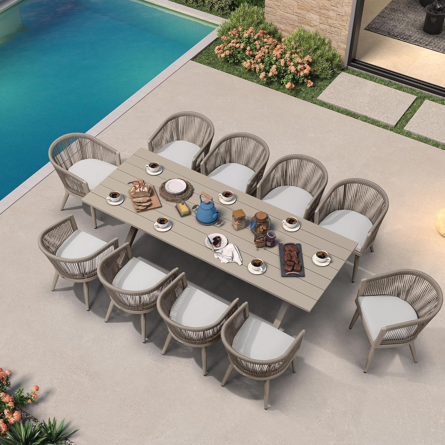 Patio Dining Set for 10 All-Weather Wicker 11 Piece Aluminium Outdoor Table and Chairs Set Included Cushions for Backyard Indoor Decor Kitchen Modern Outdoor Furniture Set Champagne-0